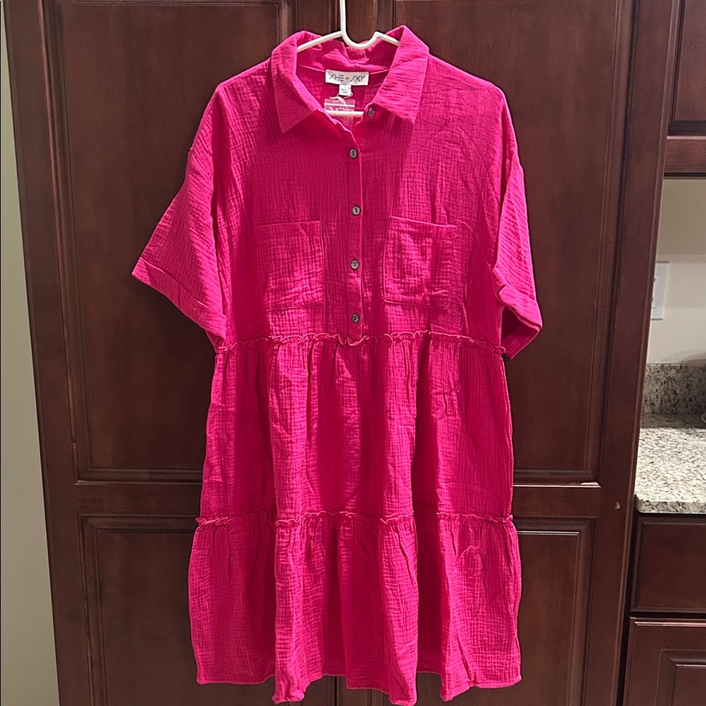She + Sky Fuchsia Button-Up Guaze Dress
